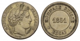 Schweiz / Switzerland / Suisse Proben 10 Rappen (?) 1851. Prägung in Billon . Freiheitskopf nach rechts vom Stempel der französischen 10 Francs- Stück...