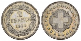 Schweiz / Switzerland / Suisse Eidgenossenschaft. Proben. 2 Franken 1860. 9.97 g. Richter (Proben) 2-60. Divo 8. HMZ 2-1231a. Selten / Rare. Vorzüglic...