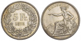 Schweiz / Switzerland / Suisse 5 Franken 1873 B, MHZ 2-1197c, Divo 43, seltener Jahrgang 
vorzüglich