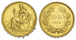 Schweiz / Switzerland / Suisse Eidgenossenschaft. Proben. 20 Franken 1873. 2-Punkt-Probe. Richter (Proben) 2-75. HMZ 2-1227a. Fr. 494. Sehr selten / V...