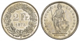 Schweiz / Switzerland / Suisse Eidgenossenschaft 2 Franken 1875. 10,02 g. Divo 50. HMZ 1202b. Teilweise spiegelglänzende Flächen FDC