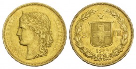 Schweiz / Switzerland / Suisse Eidgenossenschaft. Fehlprägungen. 20 Franken 1889 B, Bern. "DOMINUS***" über Kopf. 6.44 g. Richter (Fehlprägungen) B4. ...