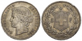 Schweiz / Switzerland / Suisse 5 Franken 1894 B, Bern. Divo 135, HMZ 2-1198f, Dav. 392. 24.88 g.
Seltenerer Jahrgang. Sehr schön Randschlag