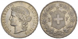 Schweiz / Switzerland / Suisse 5 Franken 1900 B, Bern. Divo 181, HMZ 2-1198i, Dav. 392. 24.97 g.
Seltenerer Jahrgang. Sehr schön ­ vorzüglich