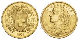 Schweiz / Switzerland / Suisse Abart Fremdkörperprägung zwischen 19 und 01 Bundesstaat, seit 1848, 20 Franken 1901 B. Helvetia. 6,51g. Frbg.499 GOLD b...