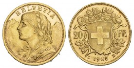 Schweiz / Switzerland / Suisse 20 Franken 1935 LB Abart Fremdköperprägung über der Jahrzahl , Bern. Richter -, HMZ -. 6.44 g
prächtige Erhaltung