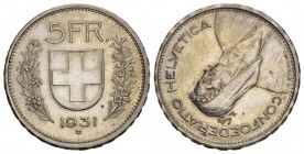 Schweiz / Switzerland / Suisse 5 Franken 1931 B, Bern. Richter A 58 (R1), HMZ 2-1257. 14.96 g.
Selten. 70° verdreht. sehr schön bis vorzüglich