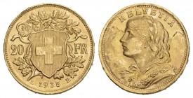 Schweiz / Switzerland / Suisse 20 Franken 1935 LB Abart Stempelriss Vreneli. D.T. 293, Fb. 499 
vorzüglich bis unzirkuliert