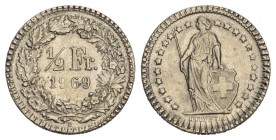 Schweiz / Switzerland / Suisse 1969 1/2 Franken Abart doppelte Randprägung s.selten Cu-Ni 
vorzüglich bis unzirkuliert