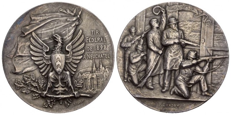 Schweiz, Neuenburg/Neuchâtel. AR Schützenmedaille 1898 (45 mm, 38.20 g), auf das...