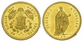 UNGARN KÖNIGREICH Franz Joseph I., 1848-1916. Dukat 1869 . 3.42 g. Huszar 
2108, Fr. 238, K./M. 458.1. GOLD. bis unzirkuliert
