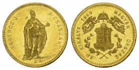 UNGARN KÖNIGREICH Franz Joseph I., 1848-1916. Dukat 1869 . 3.42 g. Huszar 
2108, Fr. 238, K./M. 458.2. GOLD.bis unzirkuliert