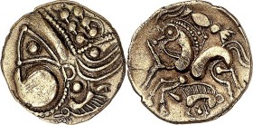 GALLIEN. 
AULERCI EBUROVICES (um Evreux). 
anonym. Halbstater 1. Jh. v. Chr. 2,96g. Ornamental aufgelöster Kopf n.l. / Pferd, mit "Vogelreiter" n.l....