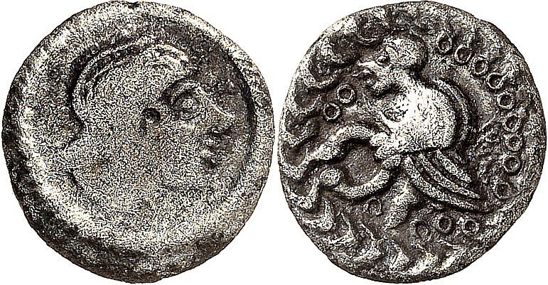 GERMANIEN. 
TREVERER. 
anonym. "Quinar", Typ "Nauheim" 1,56g. Lockenkopf m. Ha...