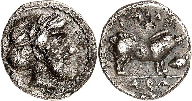SIZILIEN. 
ABAKAINON (bei Tripi). 
Litra (um 450/400 v.Chr.) 0,85g. Kopf des b...