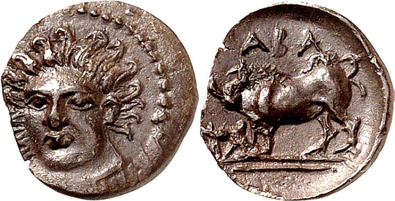SIZILIEN. 
ABAKAINON (bei Tripi). 
Litra (420/410 v.Chr.) 0,46g. Weiblicher Ko...