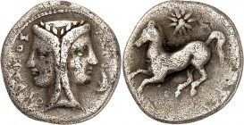 SIZILIEN. 
SYRAKUS (Siracusa). 
Timoleon 344-336 v. Chr. Dilitron 1,47g. SURAKOS-IWN Ianus-förmiger Doppelkopf der Hera(?); r. Delphin / Pferd steig...