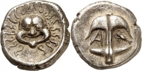 THRAKIEN. 
STÄDTE. 
APOLLONIA Pontike (Sozopol). Drachme (400/375 v.Chr.) 3,30g. Gorgoneion im Schlangenkreis v.v. / Anker zw.&nbsp;A und Garnele. S...