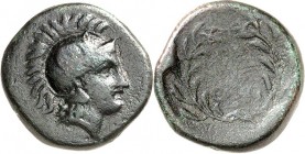 THESSALIEN. 
ORTHE. AE-15/16mm ca. 350/200 v.Chr. 3,67g. Kopf der Athena in attischem Helm n.r. / [OPI Q] Dreizack in Olivenkranz. SNG.Cop. 184, SNG....