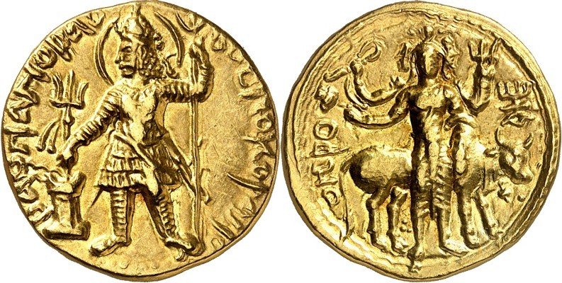 KUSCHAN. 
Vasudeva I. 292-312?. Stater 7,76g. Nimb. König steht in Ornat mit Dr...