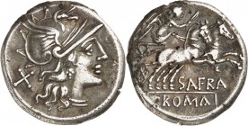 RÖMISCHE REPUBLIK : Silbermünzen. 
Safranius 150 v. Chr. Denar 4,00g. Romakopf n.r.; l. X / Victoria in Biga n.r.; unten SAFRA - ROMA. Cr.&nbsp; 206/...