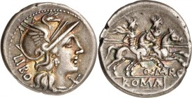 RÖMISCHE REPUBLIK : Silbermünzen. 
Quintus Marcius Libo 148 v. Chr. Denar 4,03g. Romakopf n.r. LIBO - X / Dioskuren reiten n.r.; unten Q. MARC (MA li...