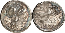 RÖMISCHE REPUBLIK : Silbermünzen. 
Aurelius Rufus 144 v. Chr. Denar 3,71g. Romakopf n.r., dahinter X / Jupiter in Quadriga n.r., AVRVF (lig.) unter d...