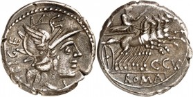 RÖMISCHE REPUBLIK : Silbermünzen. 
Gaius Curiatius Trigeminus 142 v. Chr. Denar 3,79g, Rom. Kopf der Roma mit Flügelhelm n.r.; dahinter TRIGE; davor ...