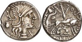 RÖMISCHE REPUBLIK : Silbermünzen. 
Sextus Pompeius Fostlus 137 v. Chr. Denar 3,93g. Romakopf n.r.; l. Kanne; r. X / SEX P[OM - FOSTLVS] Hirt Faustulu...