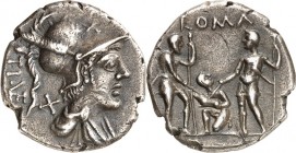 RÖMISCHE REPUBLIK : Silbermünzen. 
Titus Veturius 137 v. Chr. Denar 3,73g. Marsbüste n.r. TI. VET ( ligiert) / ROMA Schwurszene: 2 Krieger einander g...
