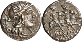 RÖMISCHE REPUBLIK : Silbermünzen. 
Gnaeus Lucretius Trio 136 v. Chr. Denar 3,76g. Romakopf n.r.; r. X; l. TRIO / Diskuren reiten n.r.; unten CN. LVCR...
