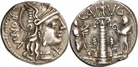 RÖMISCHE REPUBLIK : Silbermünzen. 
Gaius Minucius Augurinus 135 v. Chr. Denar 3,99g. Romakopf n.r. l. ROMA; r. X / C A-VG Togati mit Lituus und Brotl...