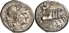 RÖMISCHE REPUBLIK : Silbermünzen. 
Lucius Minucius 133 v. Chr. Denar 3,92g. Romakopf n.r.&nbsp;/ ROMA&nbsp;- L.MINVCI Iupiter in Quadriga n.r. Cr.&nb...