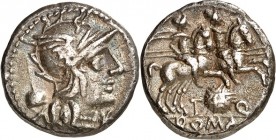 RÖMISCHE REPUBLIK : Silbermünzen. 
Titus Quinctius Flamininus 126 v. Chr. Denar 3,80g. Romakopf n.r.; l. Apex / Dioscuren reiten n.r.; unten T - Rund...