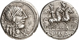 RÖMISCHE REPUBLIK : Silbermünzen. 
Quintus Minucius Rufus 122 v. Chr. Denar 3,93g. Romakopf n.r. RVF - X / Dioskuren reiten n.r.; unten Q. MINV - ROM...