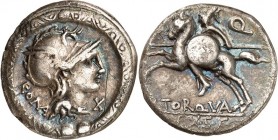 RÖMISCHE REPUBLIK : Silbermünzen. 
Lucius Manlius Torquatus 113-112 v. Chr. Denar 3,81g. In Torques: Romakopf n.r. ROMA - X / Attackierender Reiter; ...