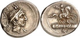 RÖMISCHE REPUBLIK : Silbermünzen. 
Lucius Marcius Philippus 113-112 v. Chr. Denar 3,82g. Kopf des Königs Philippos V. von Makedonien mit miniaturisie...