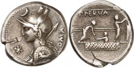 RÖMISCHE REPUBLIK : Silbermünzen. 
Publius Licinius Nerva 113-112 v. Chr. Denar 3,54g. Büste der Roma mit Helm, Mondsichel, Schild und Lanze in erhob...