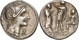 RÖMISCHE REPUBLIK : Silbermünzen. 
Publius Porcius Laeca 110-109 v. Chr. Denar 3,96g. Romakopf n.r. [P. LAECA] - ROMA; unten r. X / [P]ROVOCO Militär...