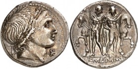 RÖMISCHE REPUBLIK : Silbermünzen. 
Lucius Memmius 108 v. Chr. Denar 3,76g. Jugendlicher Kopf mit Eichenkranz n.r., davor Denarzeichen / Dioskuren ste...