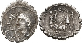 RÖMISCHE REPUBLIK : Silbermünzen. 
Gaius Sulpicius Gaii filius Galba 106 v. Chr. Denar (serratus) 3,71g. Penatenköpfe n.l.; unten D.P.P / Penaten wei...