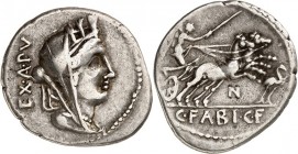 RÖMISCHE REPUBLIK : Silbermünzen. 
Gaius Fabius Gaii filius Hadrianus 102 v. Chr. Denar 3,81g. Kybelebüste, bedeckt, n.r. EX A PV / Victoria rast in ...