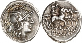 RÖMISCHE REPUBLIK : Silbermünzen. 
Lucius Cassius Caecianus 102 v. Chr. Denar 4,00g. Kopf der Ceres mit Ährenkranz n.l.; darüber K; dahinter CAEICIAN...