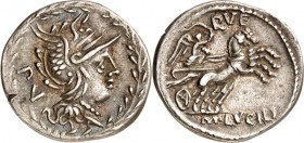 RÖMISCHE REPUBLIK : Silbermünzen. 
Marcus Lucilius Rufus 101 v. Chr. Denar 3,84g. Romakopf im Lorbeerkranz; l. PV / M. LVCILI - RVF Victoria in Biga ...