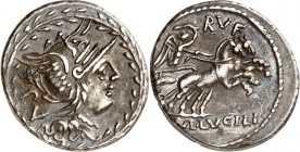 RÖMISCHE REPUBLIK : Silbermünzen. 
Marcus Lucilius Rufus 101 v. Chr. Denar 3,91g. Romakopf im Lorbeerkranz; l. PV / M. LVCILI - RVF Victoria in Biga ...