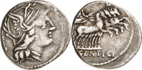 RÖMISCHE REPUBLIK : Silbermünzen. 
Lucius Sentius Gaii filius 101 v. Chr. Denar (Charge 10) 3,99g. Kopf der Roma mit Flügelhelm n.r.; dahinter ARG PV...