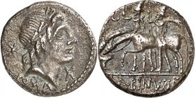 RÖMISCHE REPUBLIK : Silbermünzen. 
Aulus Postumius Albinus Spurii filius 96 v. Chr. Denar 3,79g. Belorbeerter Kopf des Apollo n.r. X unter Kinn, dahi...
