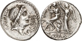 RÖMISCHE REPUBLIK : Silbermünzen. 
Lucius Caecilius Metellus 96 v. Chr. Denar 3,90g. Kopf des Apollo mit Lorbeerkranz n.r.; darunter Denarzeichen L M...