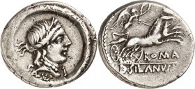 RÖMISCHE REPUBLIK : Silbermünzen. 
Decimus Iunius Silanus Lucii filius 91 v. Chr. Denar 3,95g. In Ornament-Ring: Saluskopf n.r. SALVS - I / ROMA - D....