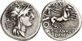 RÖMISCHE REPUBLIK : Silbermünzen. 
Decimus Iunius Silanus Lucii filius 91 v. Chr. Denar 3,80g. Kopf der Roma mit Flügelhelm n. r.; dahinter P (retrog...